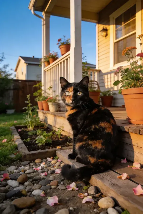 三色短毛家猫在木屋门廊停留的场景