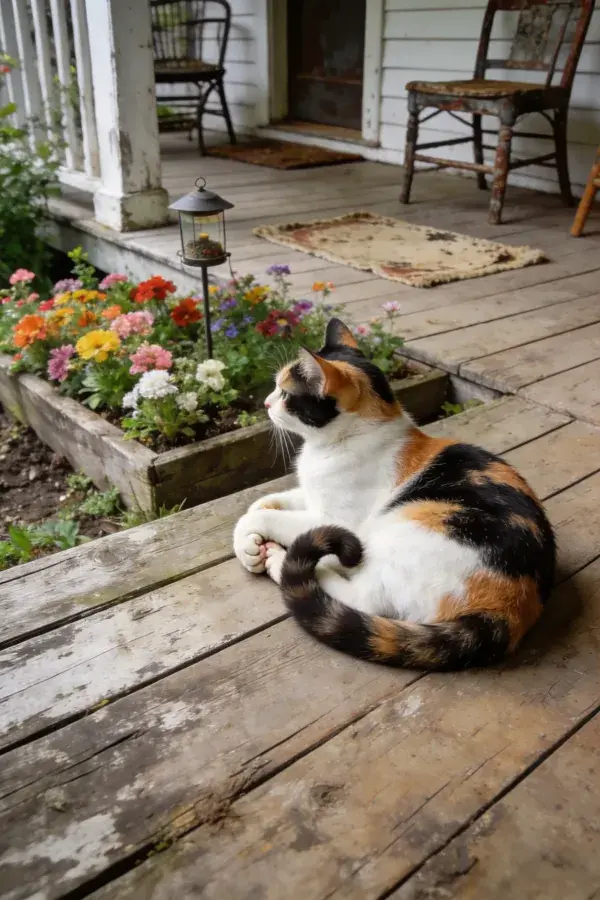 三色短毛家猫栖息木质门廊