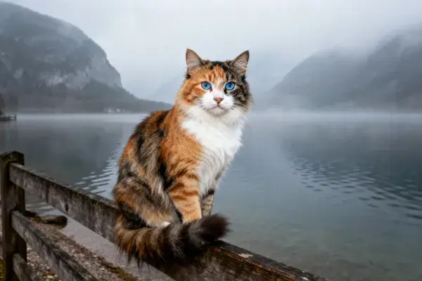 湖边木栅栏上的三色长毛猫