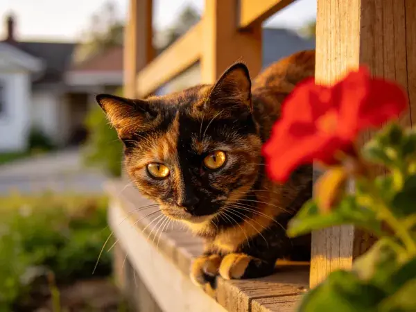 木栅栏旁观察户外的玳瑁猫