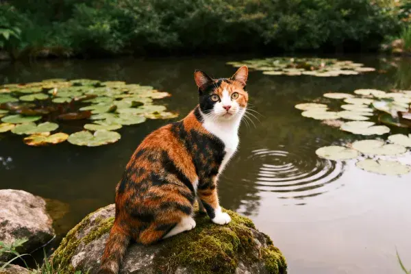 湖边苔藓岩石上的三色短毛猫