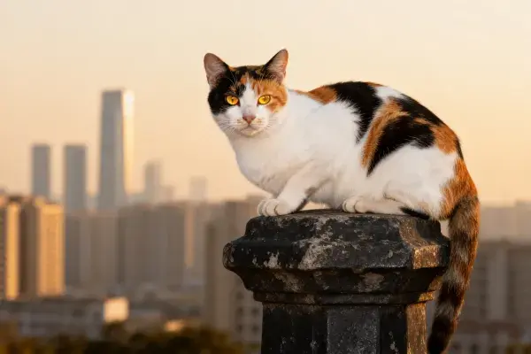 三色短毛家猫于城市天际线前的石柱上