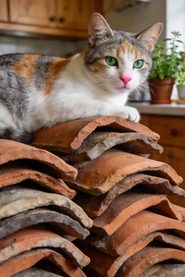 室内陶瓦堆上的三色短毛家猫