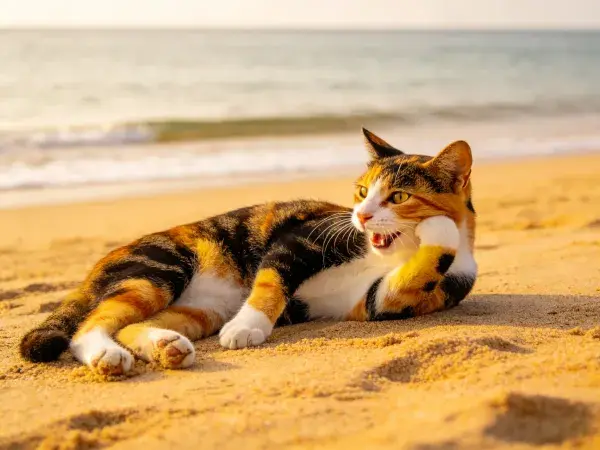 沙滩上三色短毛家猫休憩特写