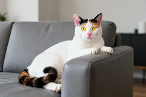 三色短毛猫在灰色沙发上的特写画面
