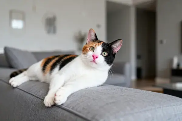现代客厅里的三色短毛家猫