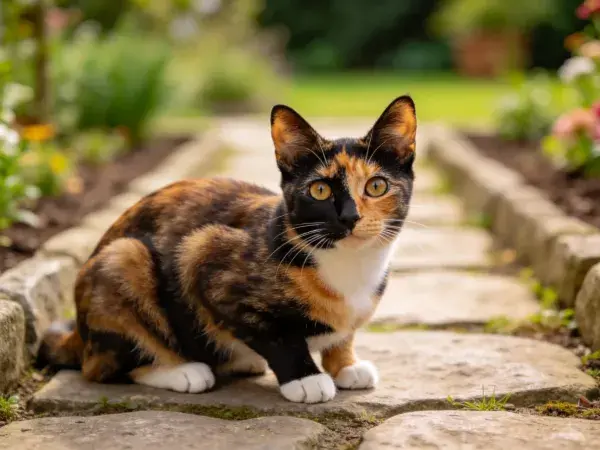 三色短毛家猫凝视石径