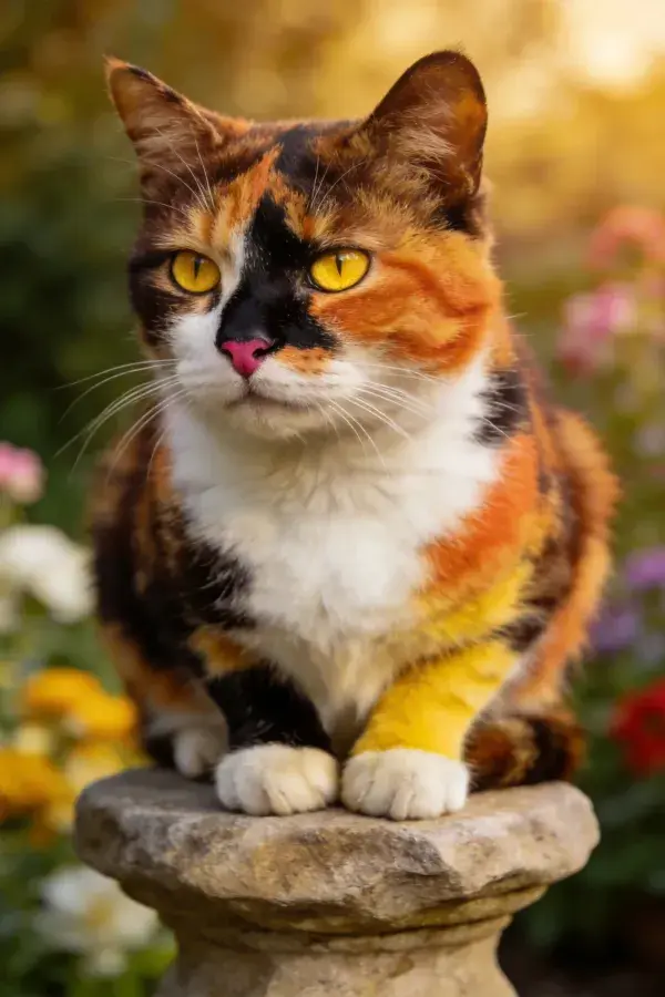 花园石柱上的三色短毛家猫