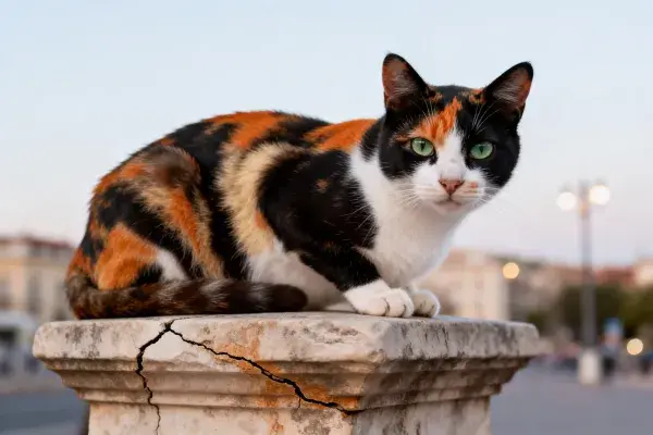 三色短毛猫静坐石柱上的特写镜头