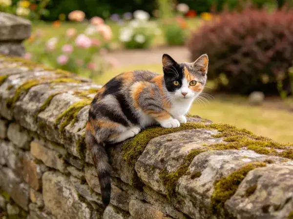 三色短毛家猫在石墙上的休憩场景