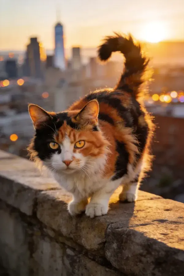 三色短毛家猫伫立石栏之上夕阳下