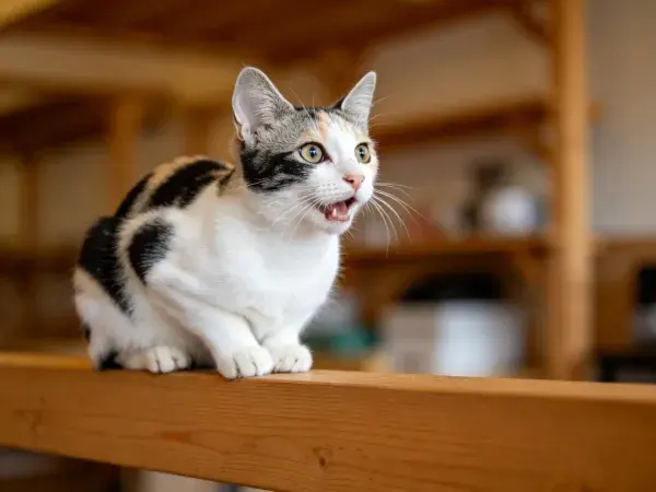 木架上三色短毛家猫观察景象