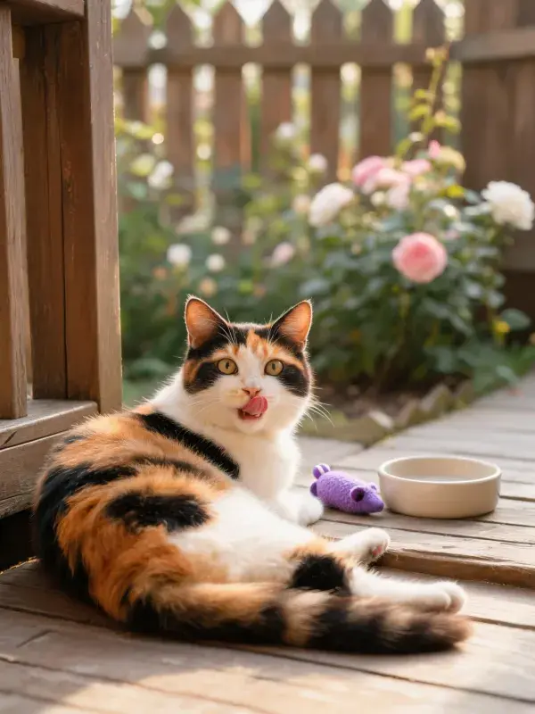 三色短毛猫在庭院木质平台上的状态