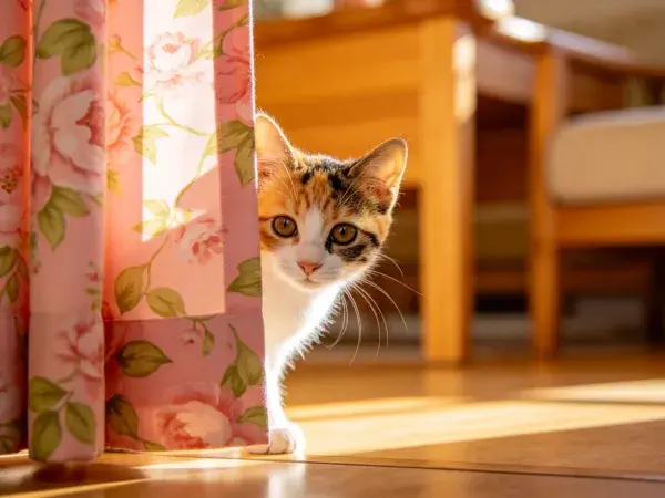 三色短毛家猫从窗帘后探身