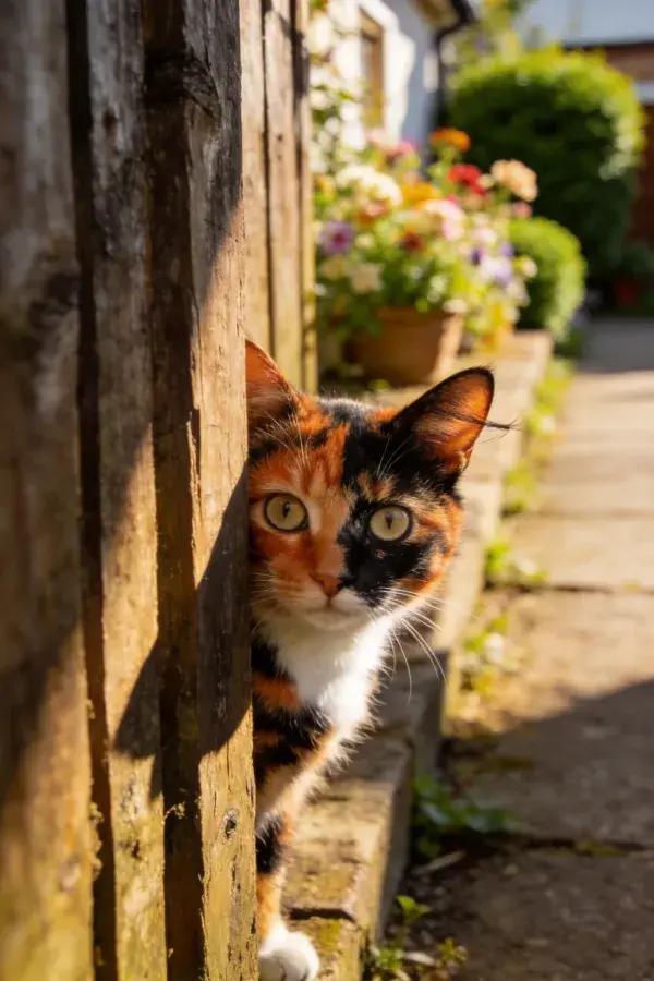 花园木栅栏旁的三色短毛家猫