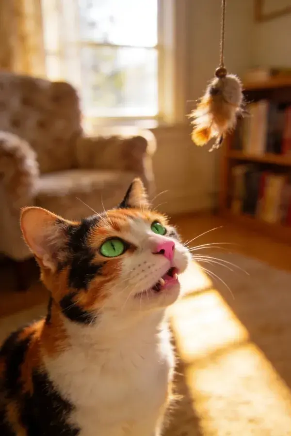 短毛三色猫注视羽毛玩具