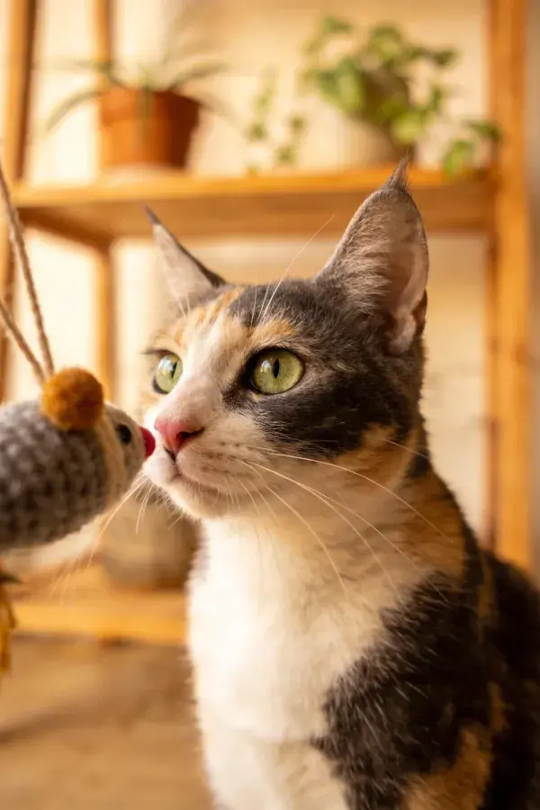 三色短毛家猫与手工玩偶互动特写