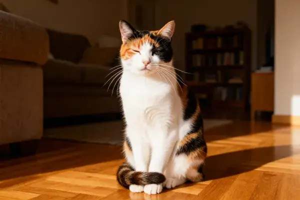三色短毛猫在客厅木地板坐立