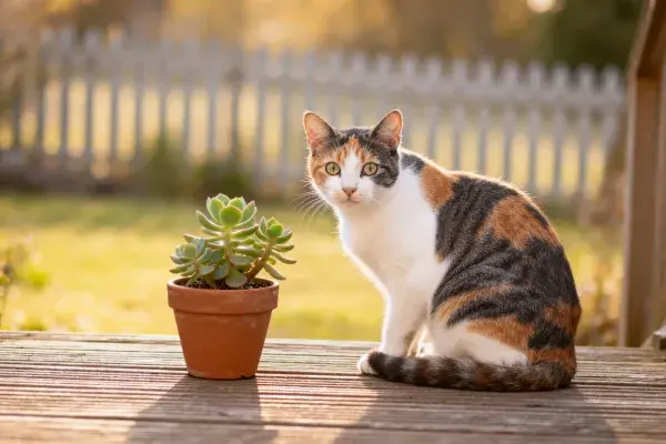 三色短毛家猫在木平台上注视多肉植物