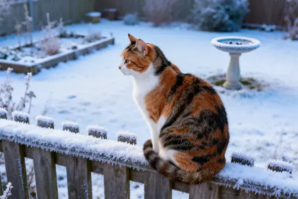 三色短毛家猫静坐雪覆木栅栏