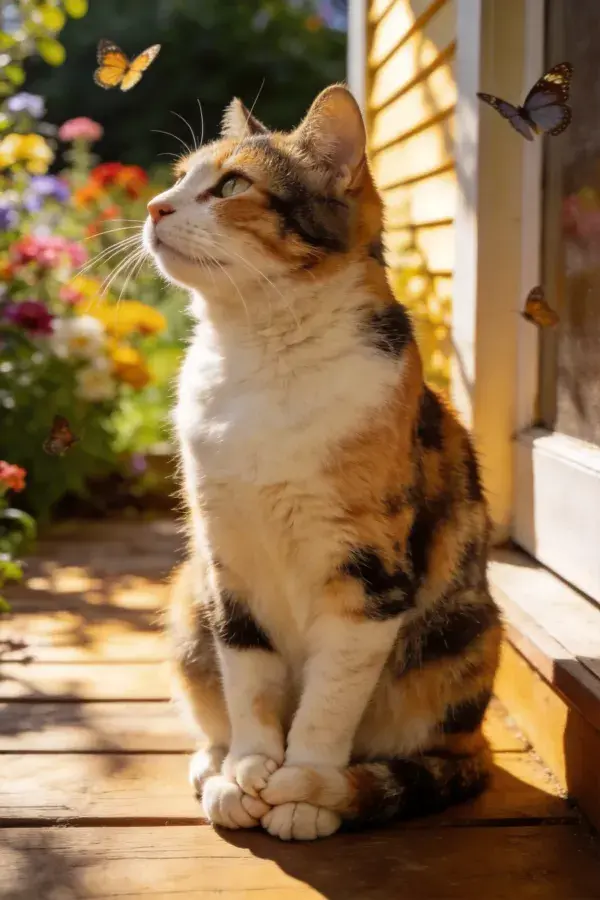 木平台上眺望彩蝶的三色短毛家猫