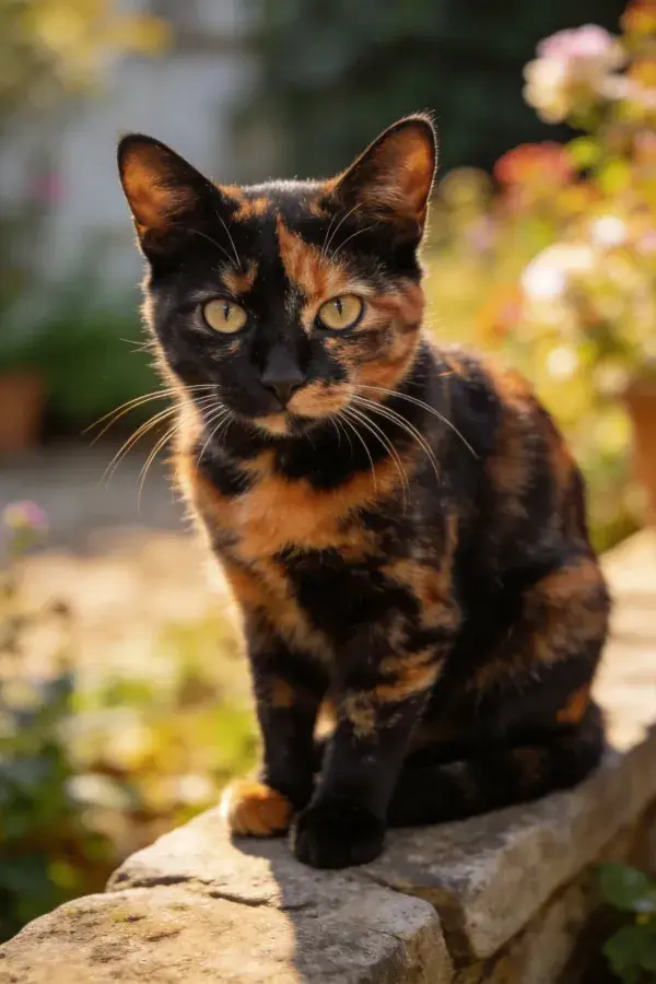 玳瑁猫在石栏旁的户外姿态