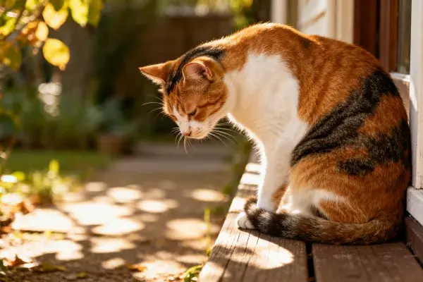 三色短毛家猫于木质平台旁的状态捕捉