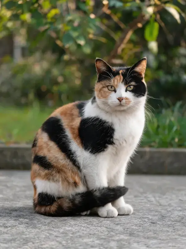 三色短毛猫静坐户外路面