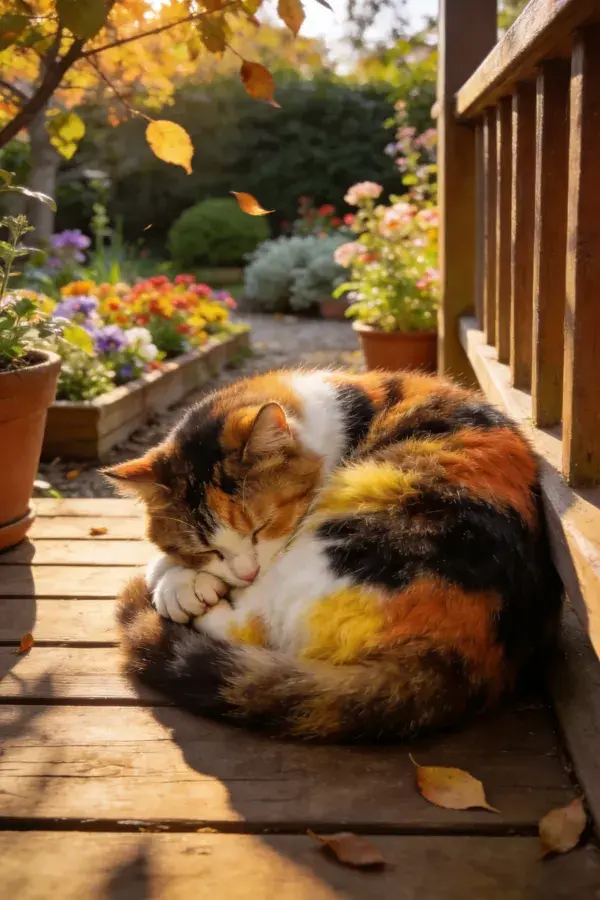 三色短毛家猫蜷卧休憩