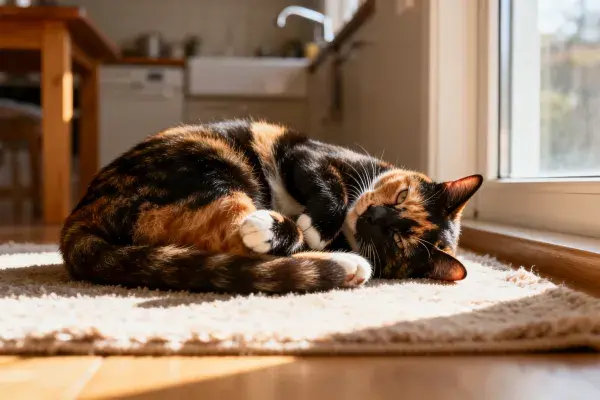 三色短毛家猫在室内地毯上休息