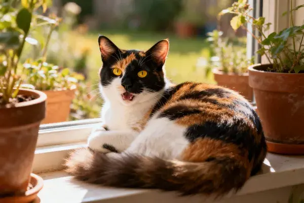 三色短毛猫在窗台的姿态