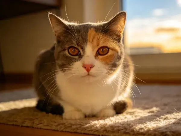 阳光下专注的三色短毛猫