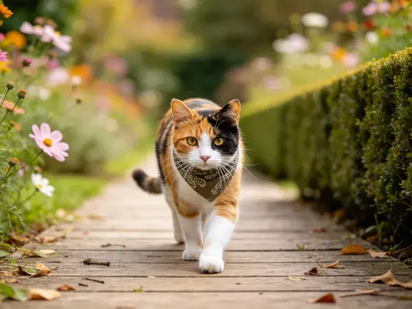 花园木径上的三色短毛家猫
