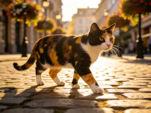 三色短毛猫漫步古城石板路