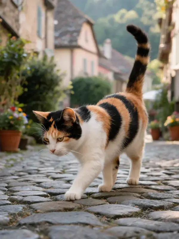 三色短毛猫在石板路上行走
