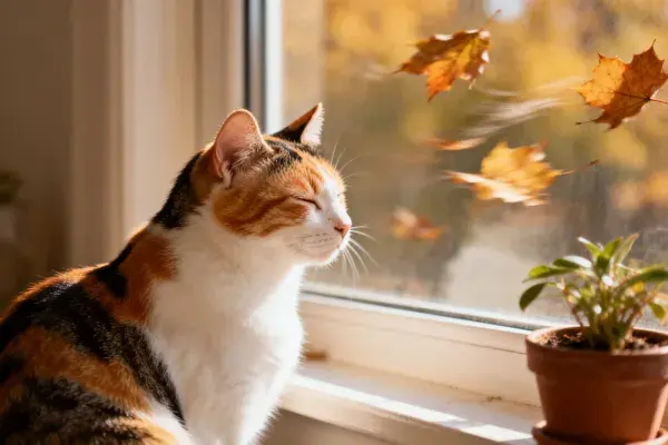 窗边秋日落叶间的三色短毛猫