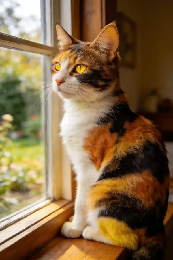 三色短毛猫坐在窗台眺望