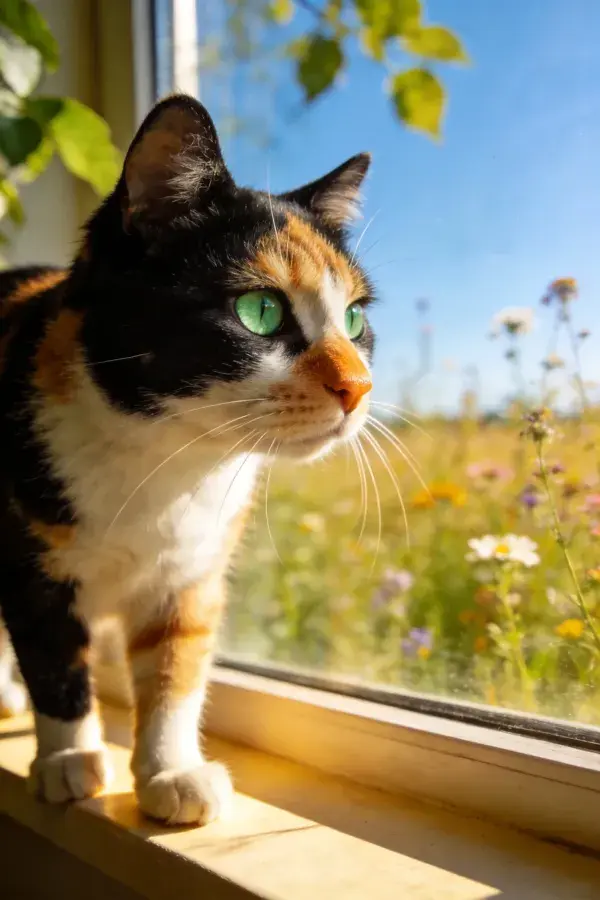 三色短毛家猫眺望窗外