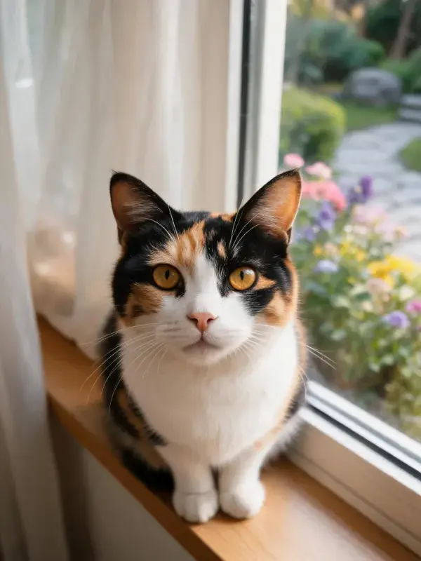 三色短毛猫于窗台处的观察姿态