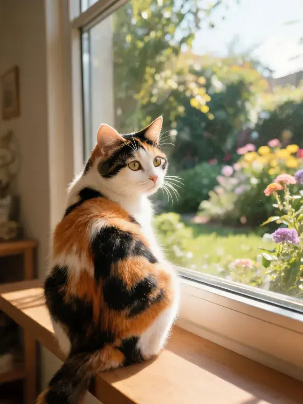 三色短毛猫凝视窗外的瞬间