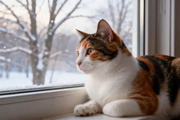 窗边冬日雪景中的三色短毛家猫