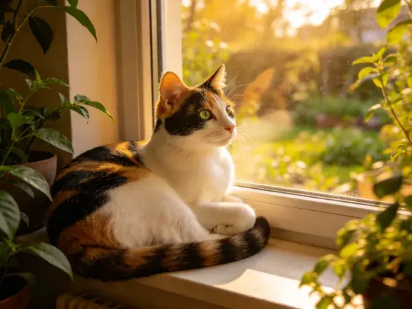 窗台上三色短毛家猫观察户外场景
