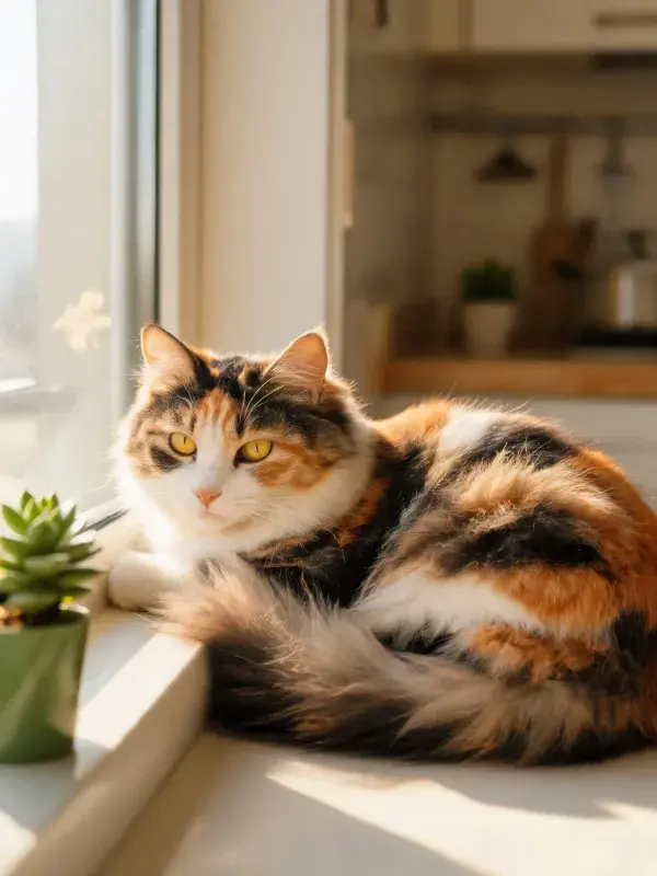 窗台上三色短毛家猫的休憩