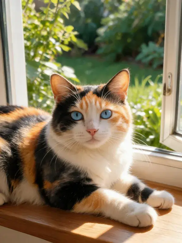 窗台上蓝眼三色短毛猫的近景