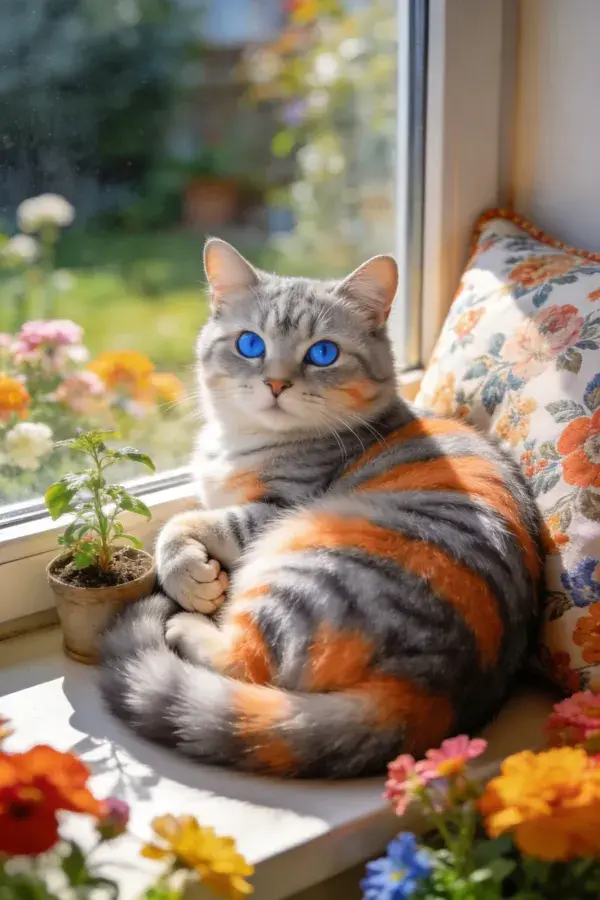 三色短毛猫静卧窗台花卉间