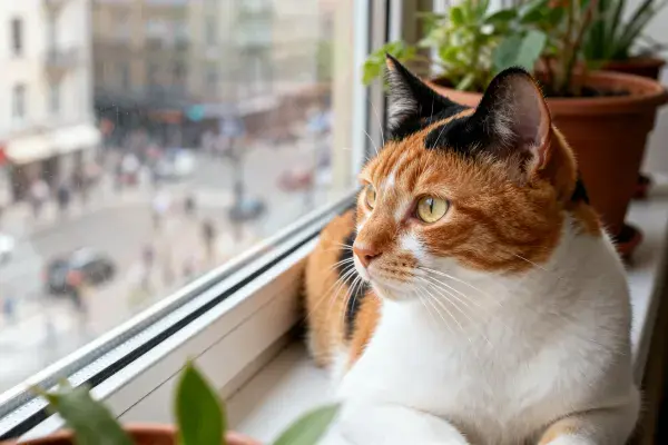 窗边三色短毛家猫凝望街景