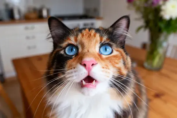 木质桌面上的三色短毛猫特写