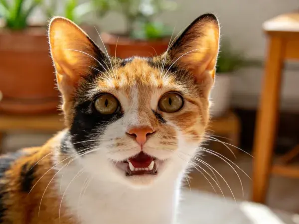 室内阳光下的三色短毛猫