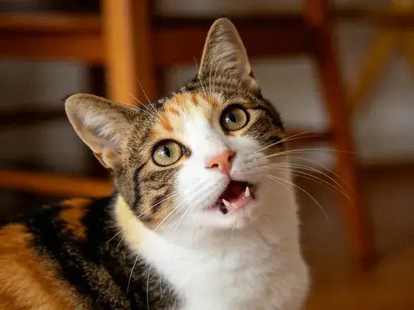 木质家具前的三色短毛家猫