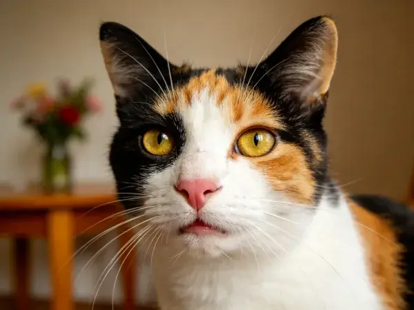 室内环境中专注的三色短毛家猫